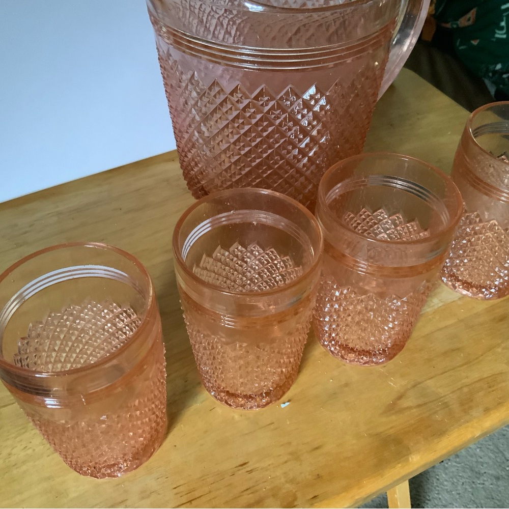 Pink Depression glass Miss America pitcher and glasses mint condition VINTAGE - Picture 7 of 8